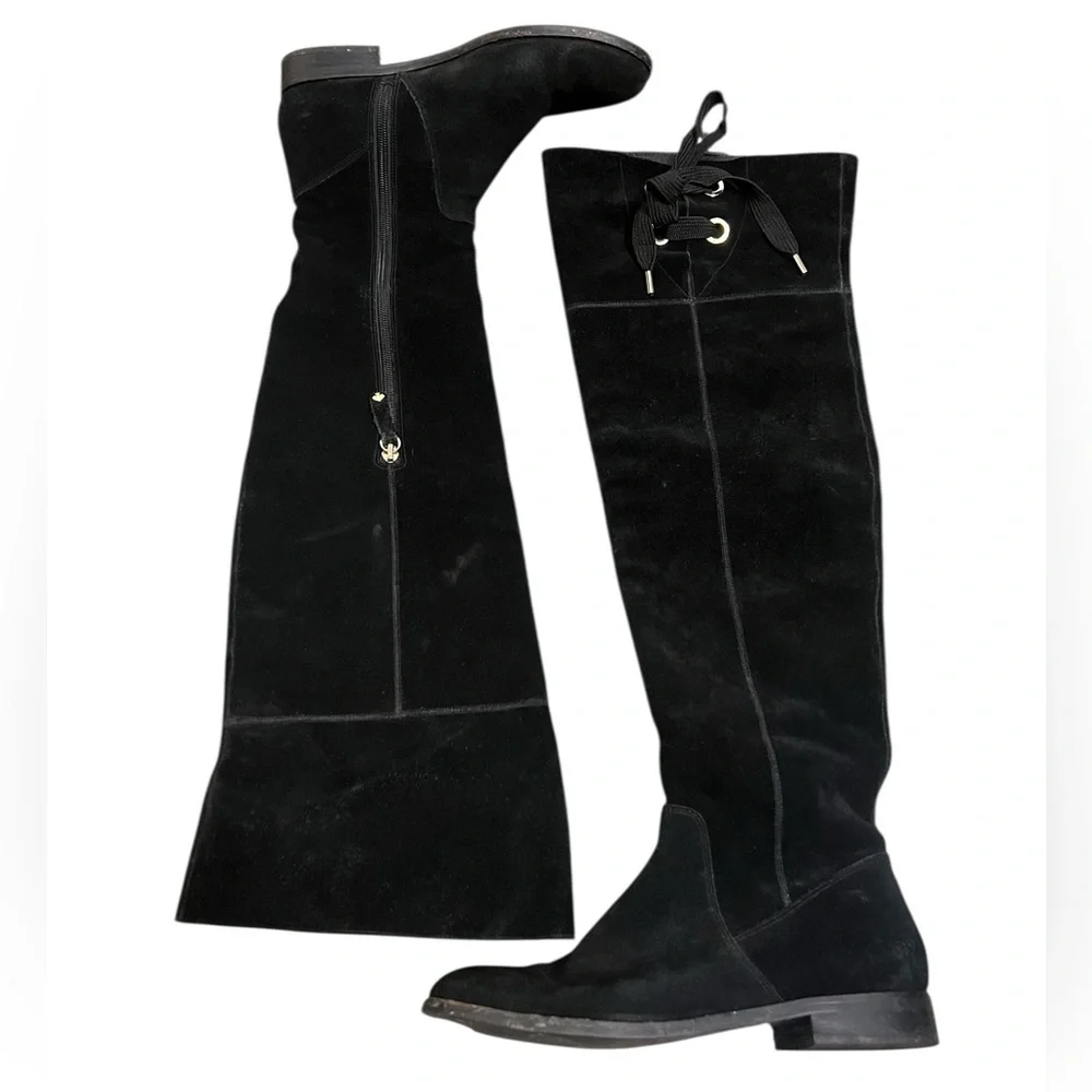 Kate Spade Rebecca black suede over the knee boots with lace up top luxury